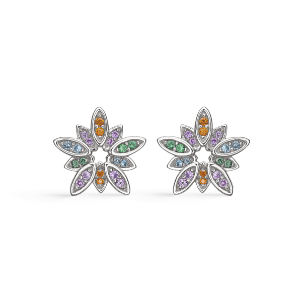 Silberne Ohrstecker rhodinierte Blume mit facettierten Zirkonia in verschiedenen Farben.