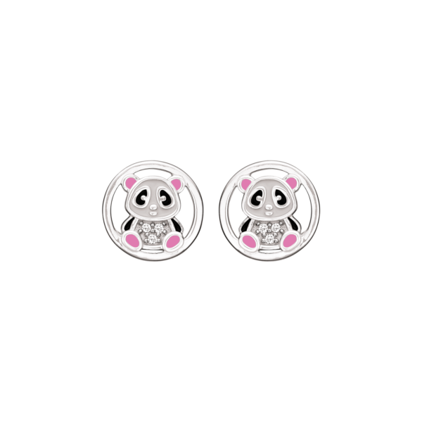 Silberohrringe Panda mit rosa/weißer/schwarzer bleifreier Emaille mit Zirkonia auf dem Bauch.