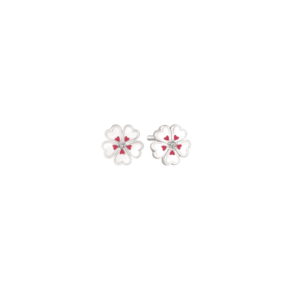 Silberohrring weiße und rote Blume von 5 Herzen mit Emaille "Blume der Herzen"