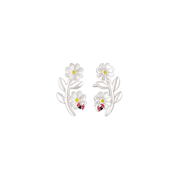Silberner Ohrring 2 Blumen am Zweig mit Marienkäfer und bleifreier Emaille