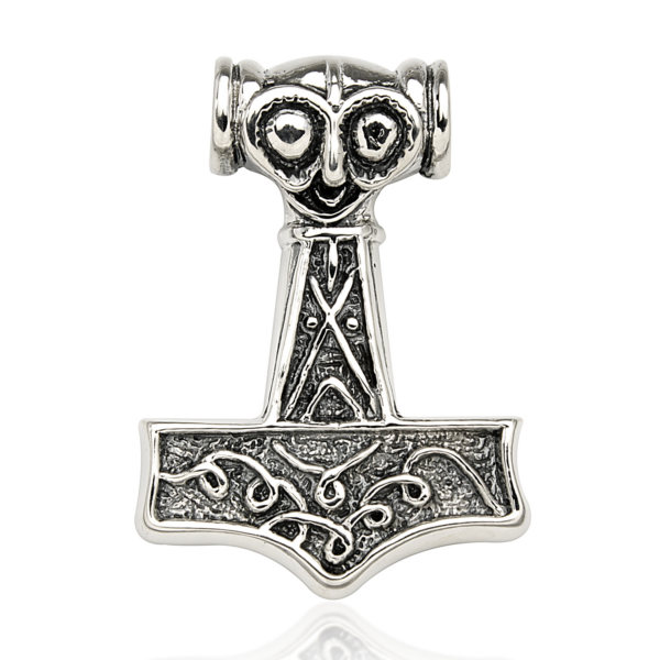 Thorshammer Mjølner Anhänger Silber mit Kreuzwirbeln und Kopf. Misst 25 x 35 mm.