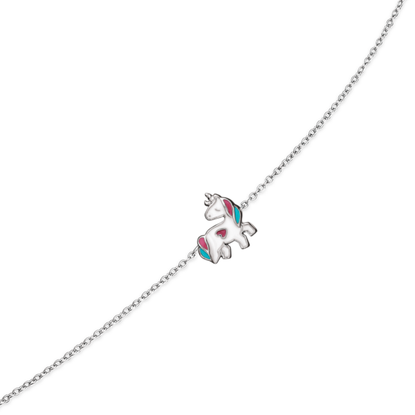 Einhorn-Armband Silber mit Weiß mit rosa und blauer Emaille