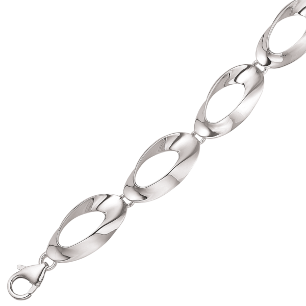 Silberarmband rhodiniert, verdrehtes ovales Glied mit Loch in der Mitte. Länge 18+3cm.