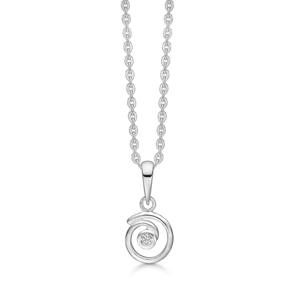 Silberne Halskettenspirale mit facettiertem Zirkonia in der Mitte. Die Kette ist 42-45 cm lang.