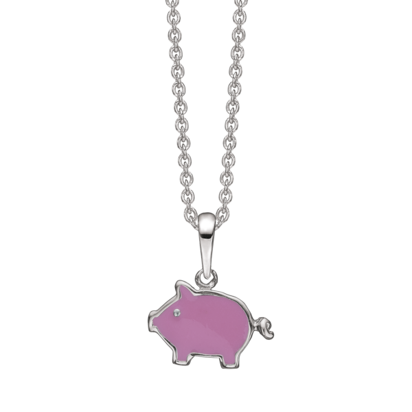 Silberhalskette rhodiniertes Schwein in hellroter Emaille. Die Kette ist aus rhodiniertem Silber und hat eine Länge von 38 cm.