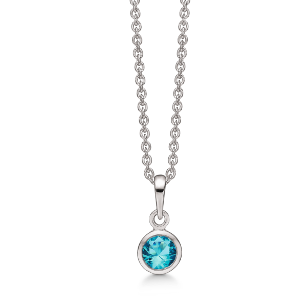 Silberkette runder synthetischer Aquamarin. Die Kette ist aus rhodiniertem Silber und hat eine Länge von 42-45 cm.