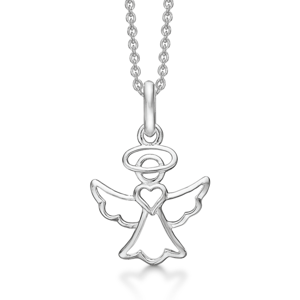 Silberkette rhodinierter Engel mit Herz. Die Kette ist 42-45 cm lang.