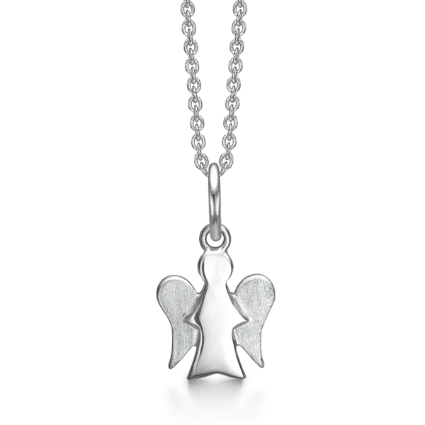 Silberkette rhodinierter Engel. Abmessungen: 16 x 12 mm. Die Kette ist 42-45 cm lang.