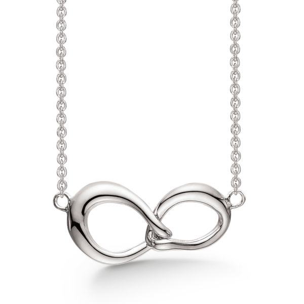 Silberhalskette rhodiniert breit und schmal gedreht oval geflochten als Figur 8. Die Kette ist 42+3 cm lang.