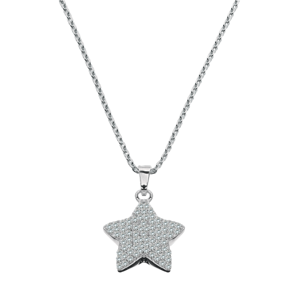 Silberner Halskettenstern gefüllt mit facettierten Zirkonia. Die Kette ist 42-45 cm lang.