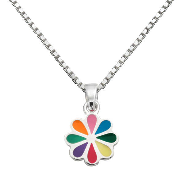 Silbercollier Blume mit mehrfarbiger bleifreier Emaille. Die Kette ist 36 cm lang.