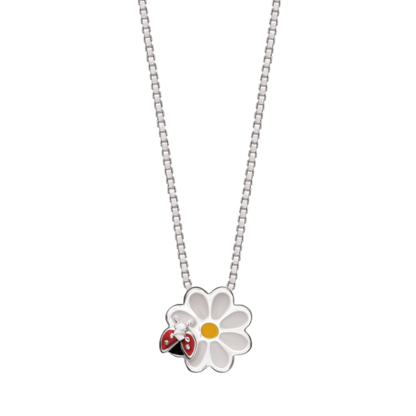 Silberkette Blume mit weißer und gelber bleifreier Emaille mit Marienkäfer. Die Kette ist 36 cm lang.