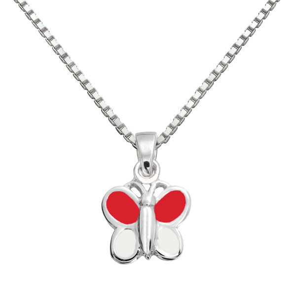 Silberkette 2-farbiger Schmetterling mit roter und weißer bleifreier Emaille 36 cm.