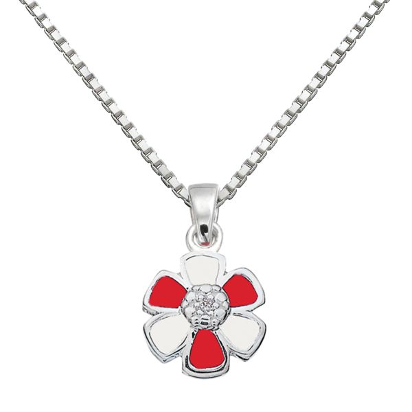 Silberkette 2-farbige Blume mit Zirkonia und rot/weißer bleifreier Emaille. 36cm.
