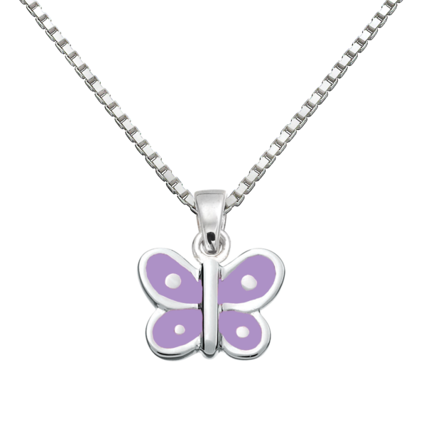 Silberhalskette Schmetterling mit violetter bleifreier Emaille. Die Kette ist 36 cm lang.