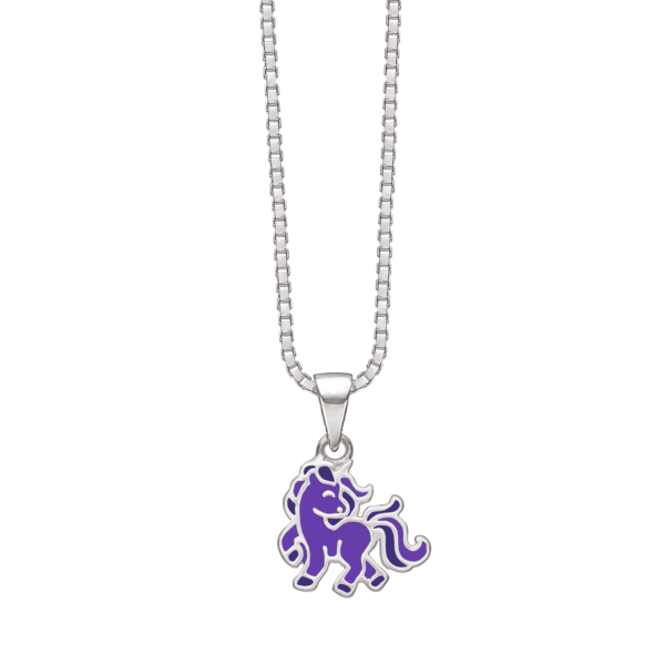 Einhornkette Silber mit lila Emaille. Die Länge der Kette beträgt 36 cm.