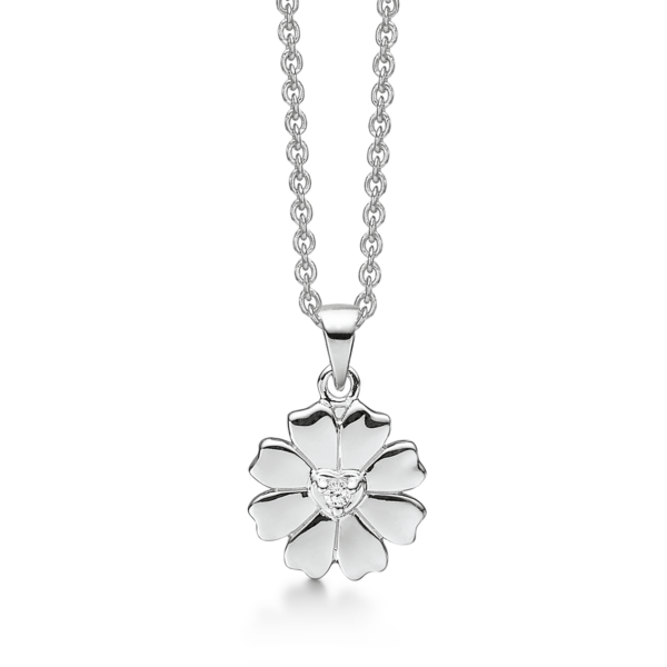 Silberkette Herzblume mit Zirkonia. Die Kette ist 42-45 cm lang.