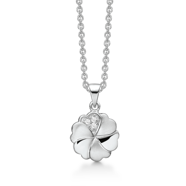 Silberkette matt/glänzend Herzblume mit Zirkonia. Die Kette ist 42-45 cm lang.