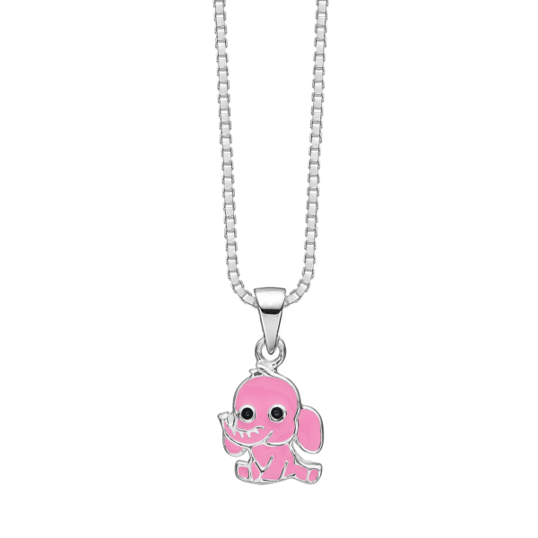 Silberhalskette Elefant mit rosa und schwarzer bleifreier Emaille. Die Kette ist 36 cm lang.