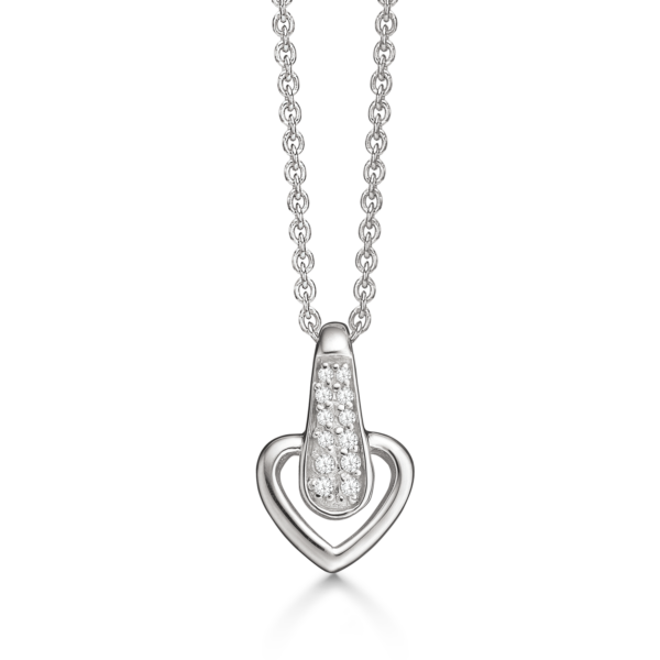 Silberne Herzkette mit facettierten Zirkonia. Die Kette ist 42-45 cm lang.