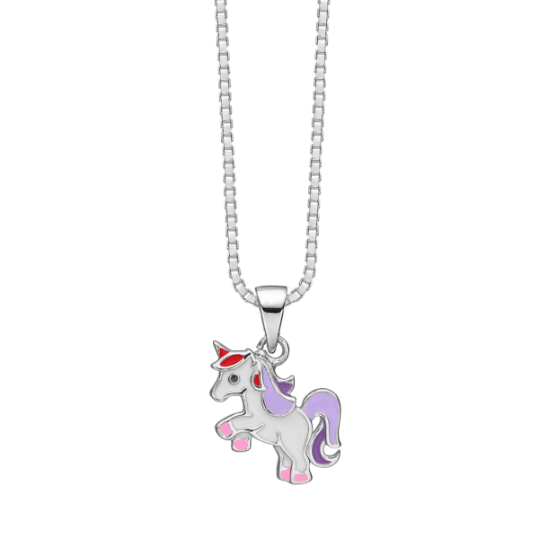 Einhorn-Halskette silbern mit weißer/violetter/rosa/roter/schwarzer Emaille.