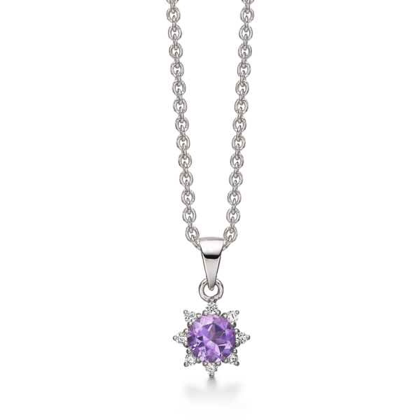 Silberhalskette rhodinierter Amethyst mit facettierten Zirkonia um.