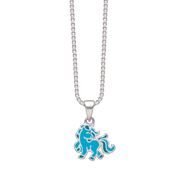 Einhornkette Silber mit blauer Emaille. Die Länge der Kette beträgt 36 cm.