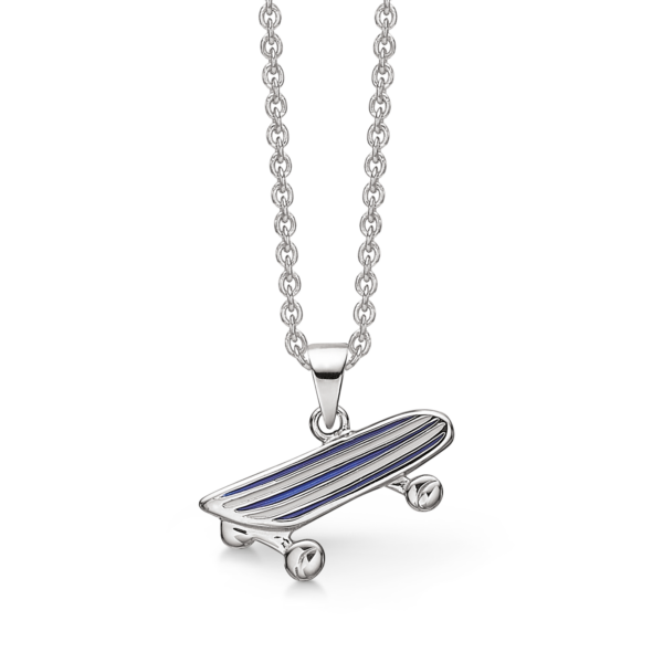 Silberne Halskette mit rhodiniertem Skateboard und weißer und blauer bleifreier Emaille