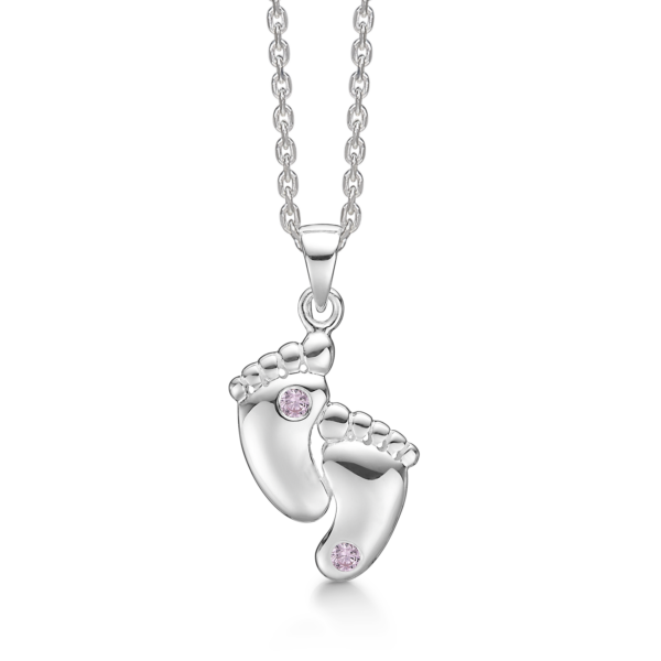 Silberne Halskettenfüße mit rosa facettiertem Zirkonia. Die Kette ist 42-45 cm lang.