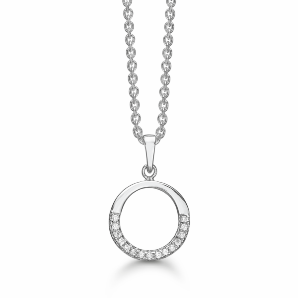 Silberhalskette rhodinierter Kreis mit halbrundem facettiertem Zirkonia.