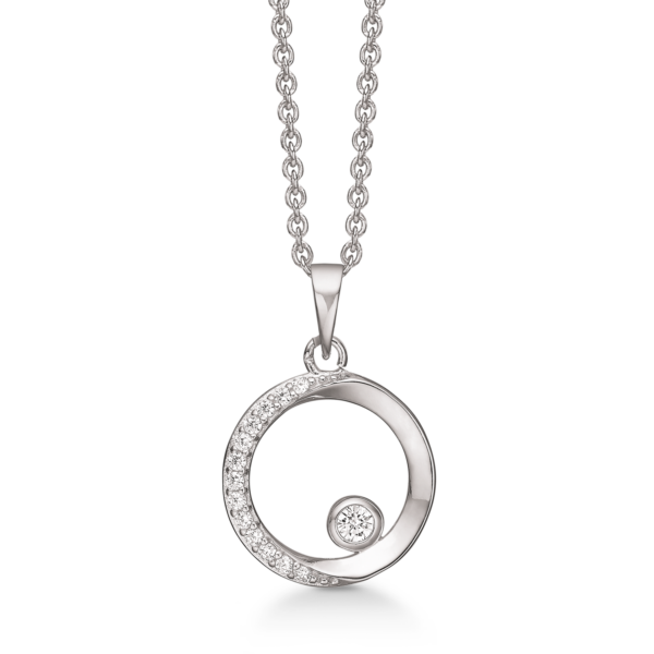 Silberkette rhodinierter Kreis mit facettiertem Zirkonia auf einer Seite und einem großen in der Mitte