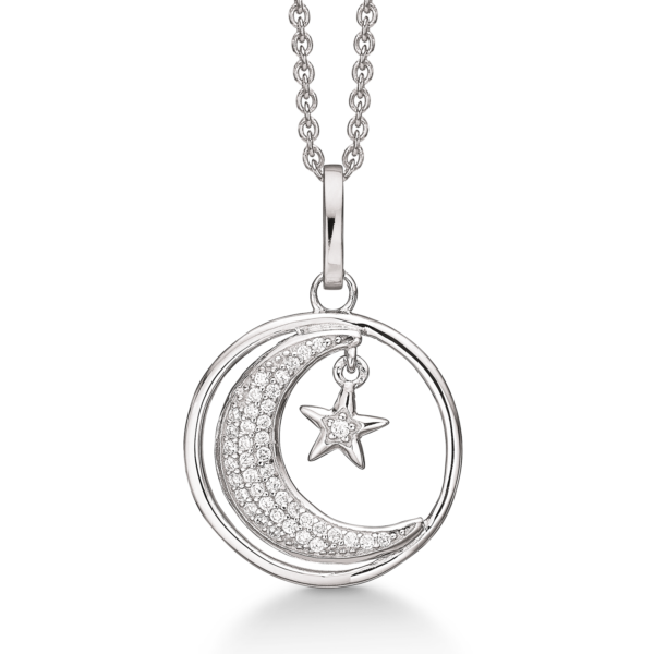 Silberkette rhodinierter Ring mit Stern und Mond mit facettiertem Zirkonia
