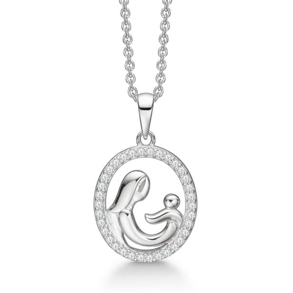Mutter-Kind-Halskette Silber oval mit Zirkonia-Steinen