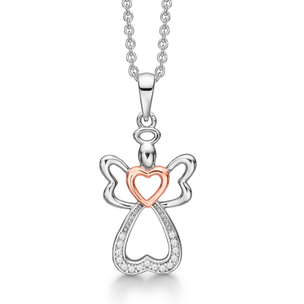 Silberkette rhodinierter Engel mit facettiertem Zirkonia und rosévergoldetem Herz