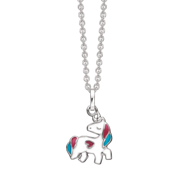 Einhornkette silber Weiß mit rosa und blau Die Länge der Kette beträgt 38 cm.