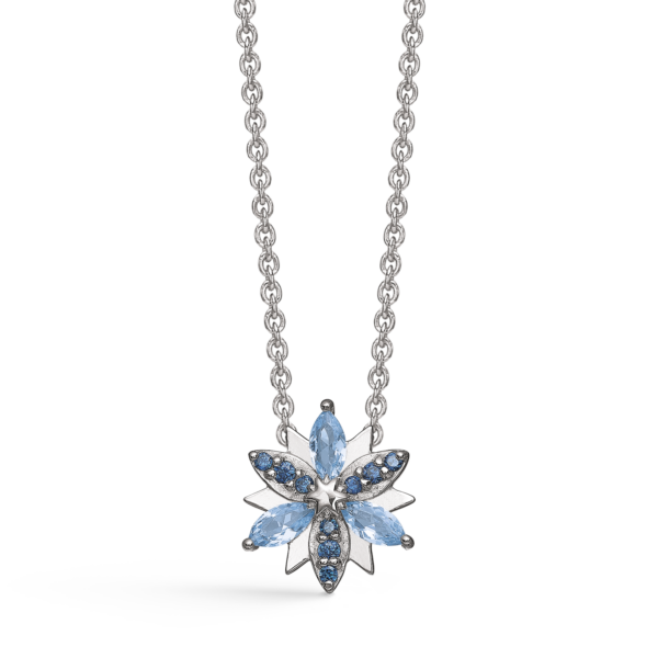 Silberkette rhodinierte Schneeflocken mit facettierten Zirkonia und synthetischen Aquamarinen