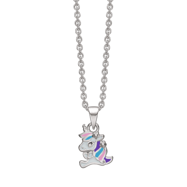 Einhorn-Halskette Silbernes rhodiniertes Einhorn mit weißer/rosa/blauer Emaille