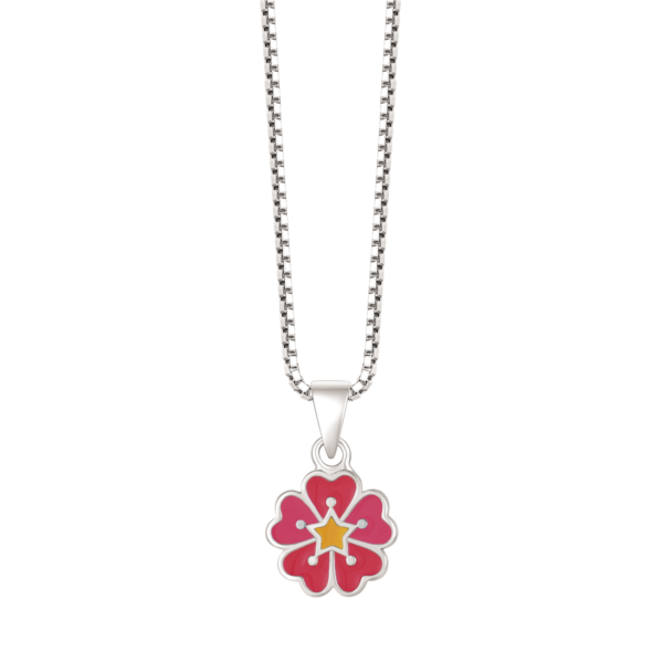 Silberkette rosa Blume aus 5 Herzen, gelb in der Mitte "Blume der Herzen"
