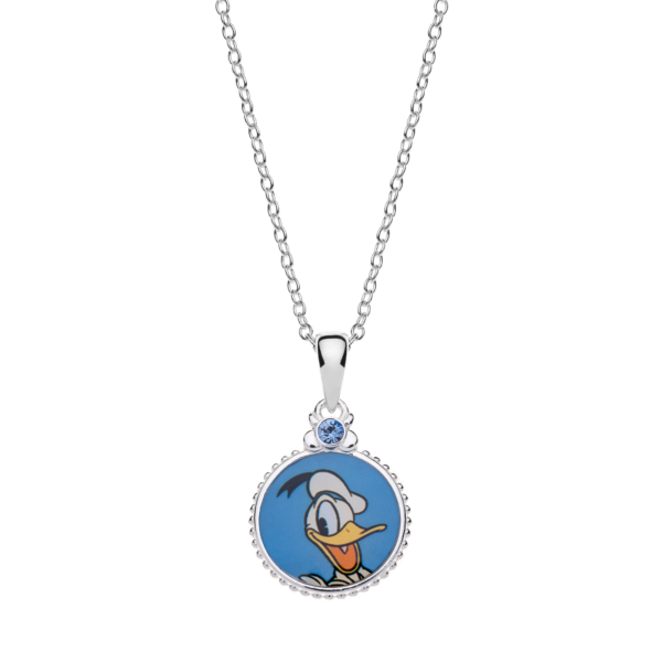 Silberkette Donald Duck mit blauem Topas. Auf der Rückseite "Donald Duck"