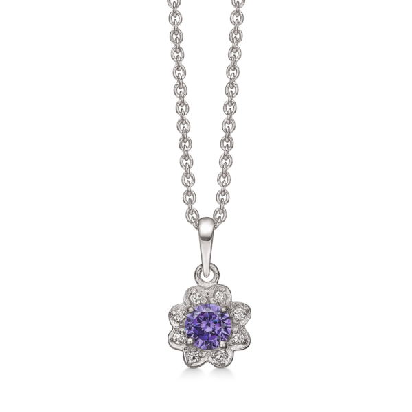 Silberkette rhodinierter runder synthetischer Amethyst mit 8 facettierten Zirkonia herum