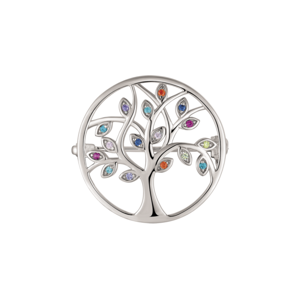 Silberbrosche Lebensbaum im Kreis mit synthetischem Zirkonia in verschiedenen Farben