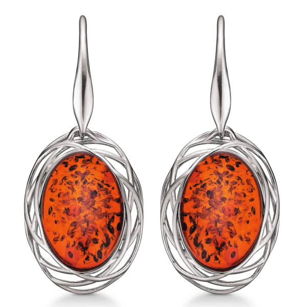 Bernsteinohrringe aus Silber mit ovalem Bernstein mit umlaufenden Linien