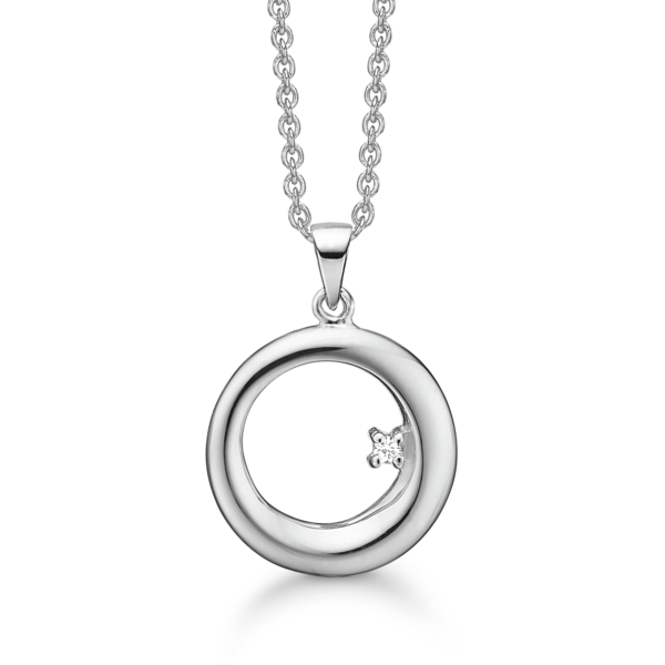 Silberhalskette rhodiniert breiter Kreis mit Diamant.