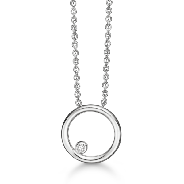 Silberhalskette rhodinierter offener Kreis mit Diamant.