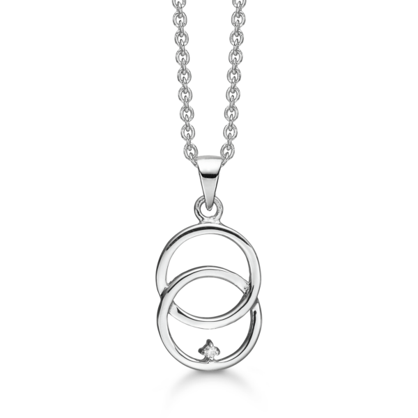 Silberkette rhodinierter Doppelkreis mit Diamant 42-45 cm.
