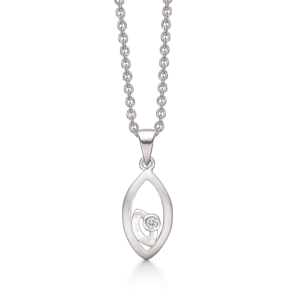 Silberanhänger rhodiniert kleines glänzendes Oval mit Diamant in großem mattem Oval.