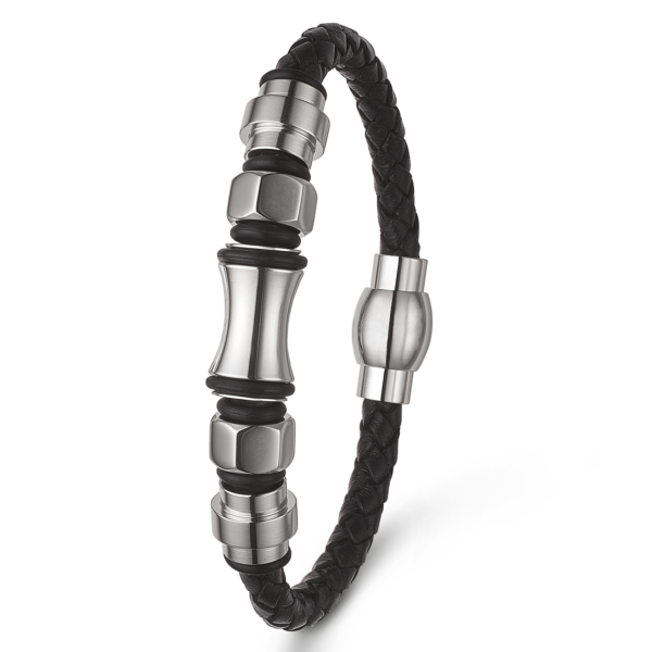 Stahlarmband 5 mm. geflochtenes Leder mit Zylinder und Nuss. Länge 19 cm.