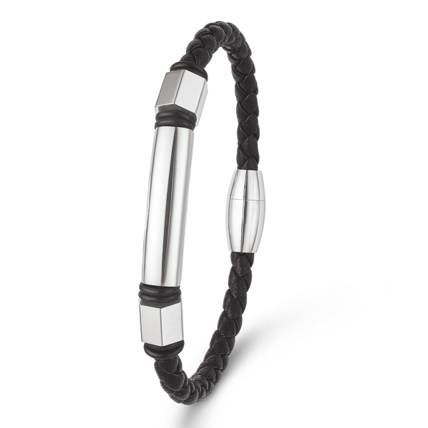 Stahlarmband 5 mm. geflochtenes Leder mit Schlauch und Mutter. Länge 19 cm.