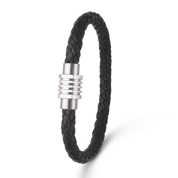 Stahlarmband 5 mm. geflochtenes Leder mit gerilltem Magnetverschluss. Länge 19 cm.