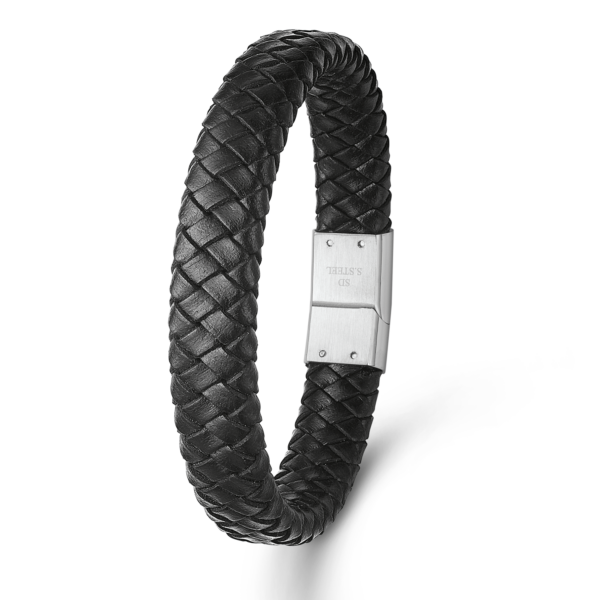 Stahlarmband 12 mm. flach geflochtenes Leder mit Magnetverschluss. Länge 19 cm.